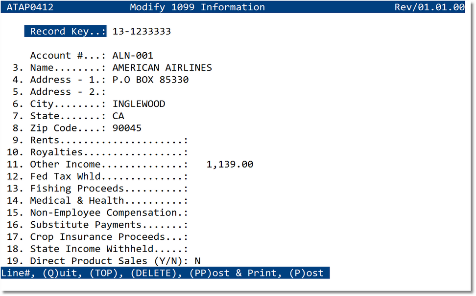 Modify 1099 Information screen