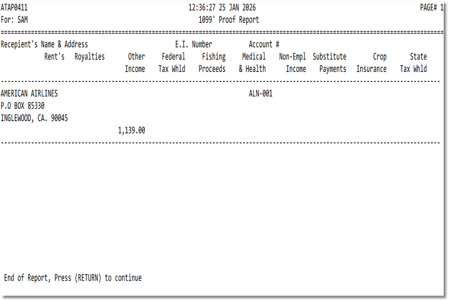 Sample 1099 Proof Report output