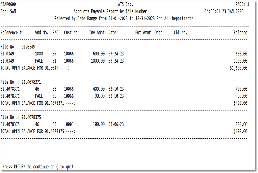AP Activity by File Number Sample Report