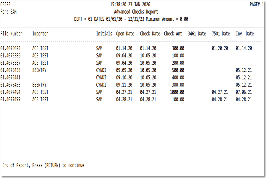 Advanced Checks Report - Sample Output