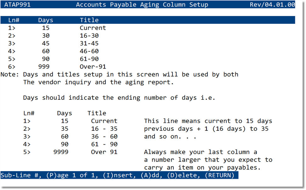 Accounts Payable Aging Column Setup