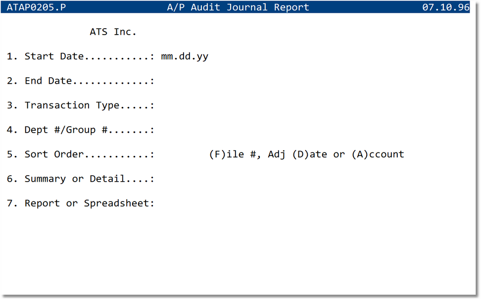 A/P Audit Journal Report Parameters