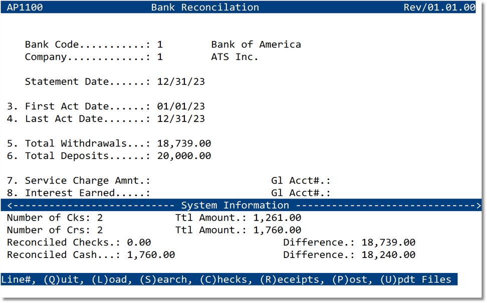 Bank Reconciliation — Main Screen