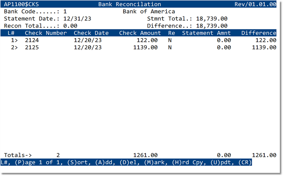 Bank Reconciliation — Checks Sub-Screen