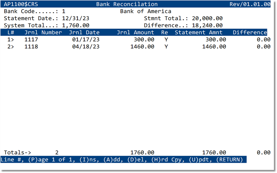 Bank Reconciliation — Receipts Sub-Screen