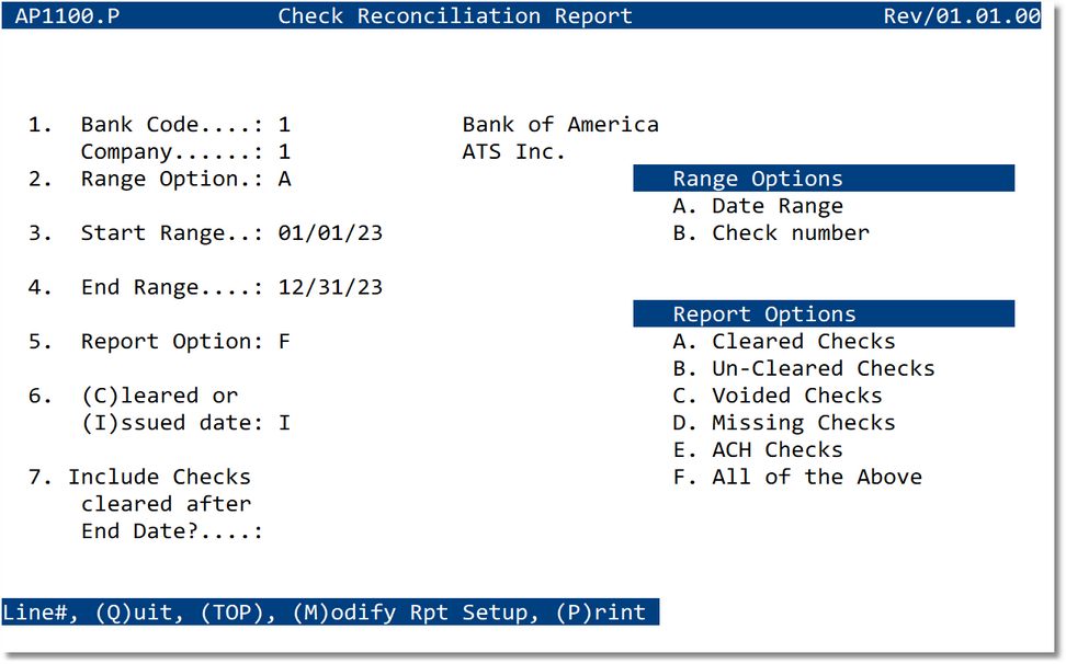 Check Reconciliation Report setup screen
