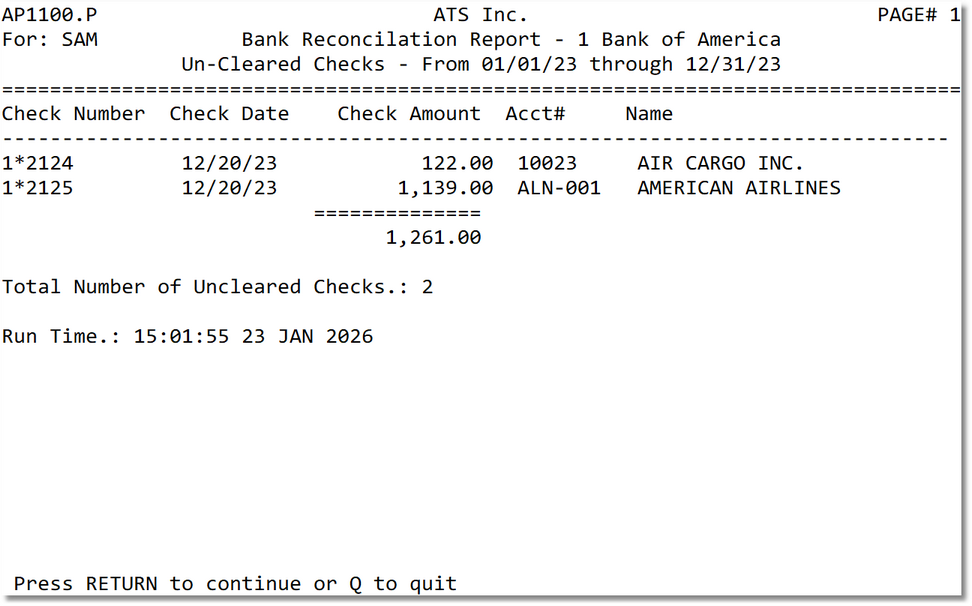 Check Reconciliation Report results showing uncleared checks