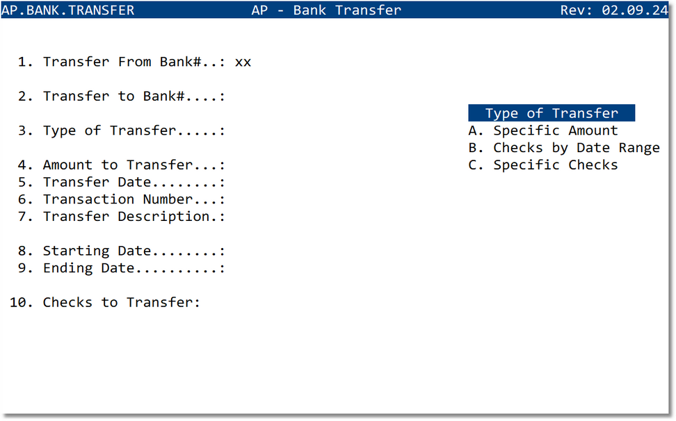 AP Bank Transfer screen