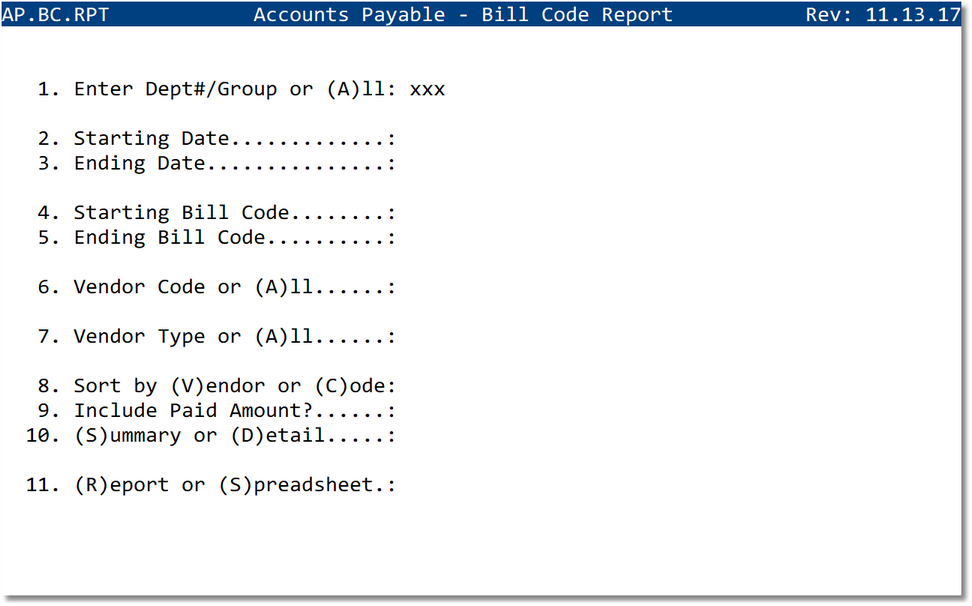 Accounts Payable Bill Code Report Setup