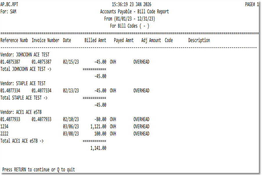 Accounts Payable Bill Code Report Sample
