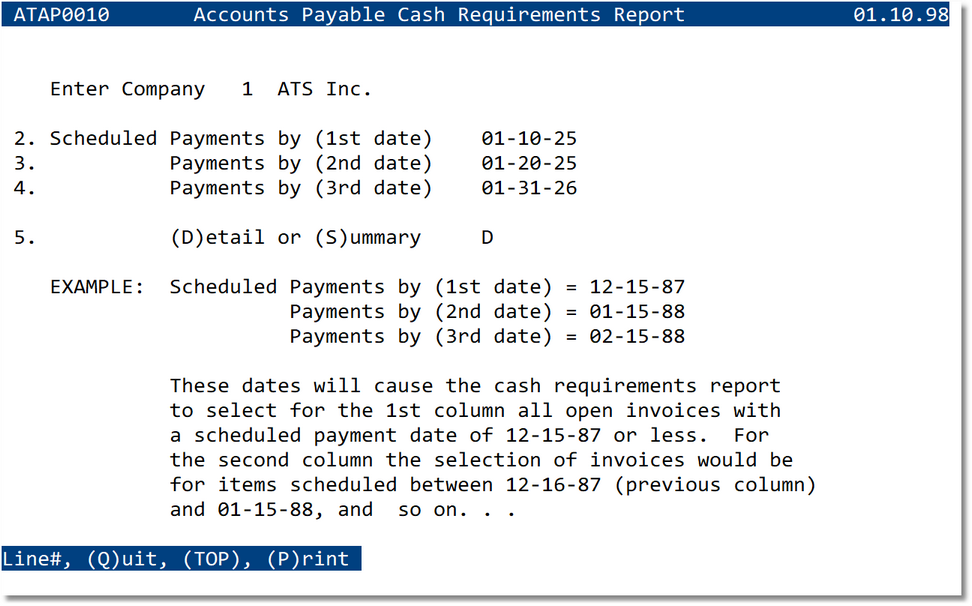 Cash Requirements Report — criteria screen