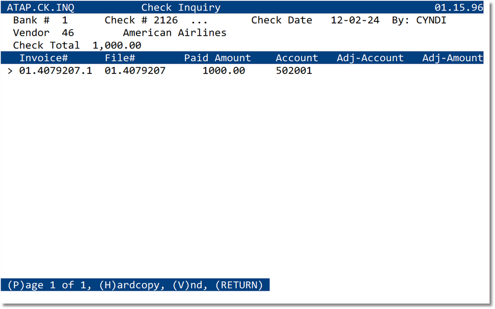 AP Check Inquiry screen