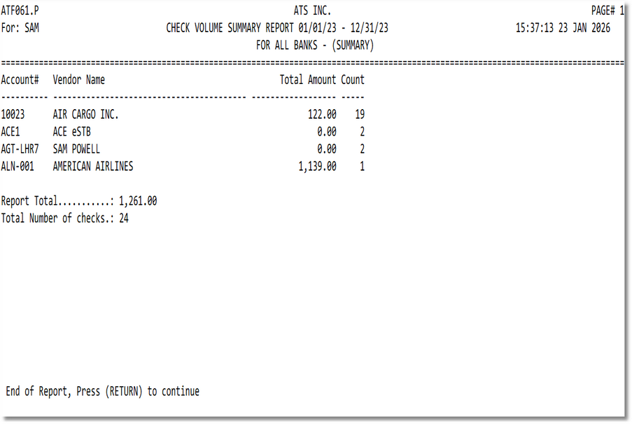 Check Volume Summary Report Output