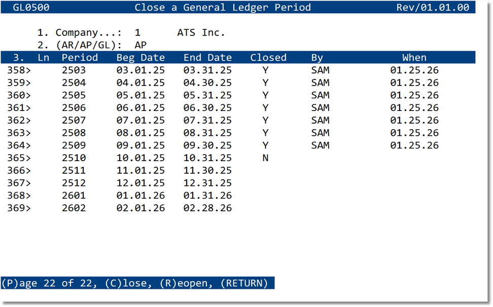Close Accounts Payable Period screen