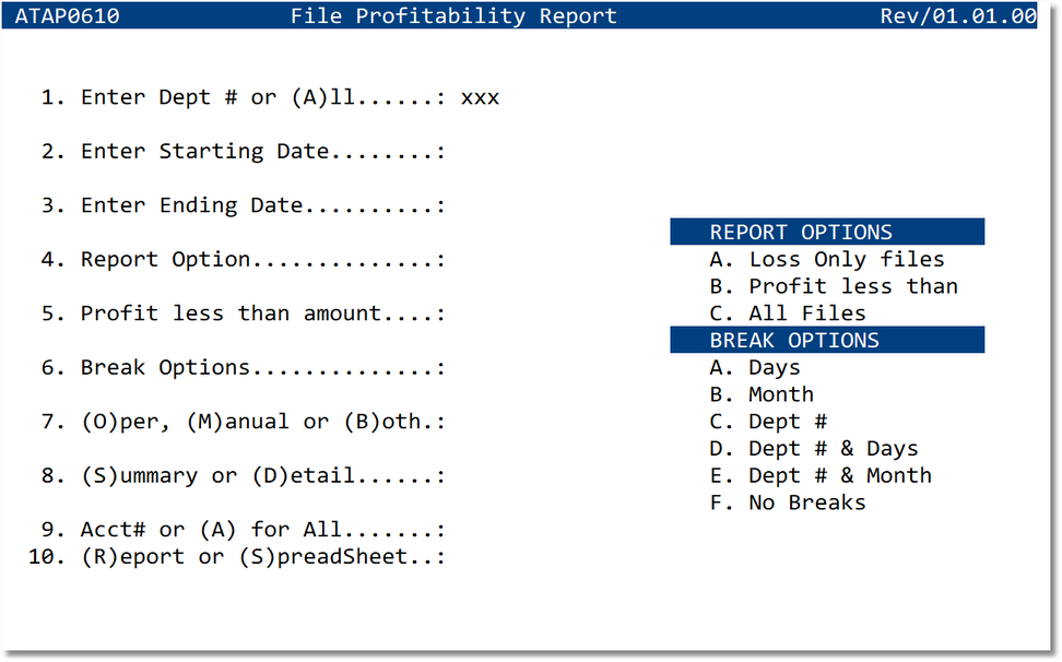 File Profitability Report Parameters
