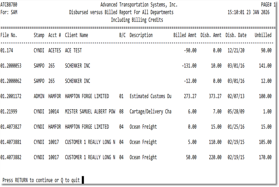 Paid Not Billed (Disbursed vs Billed) - Sample Output