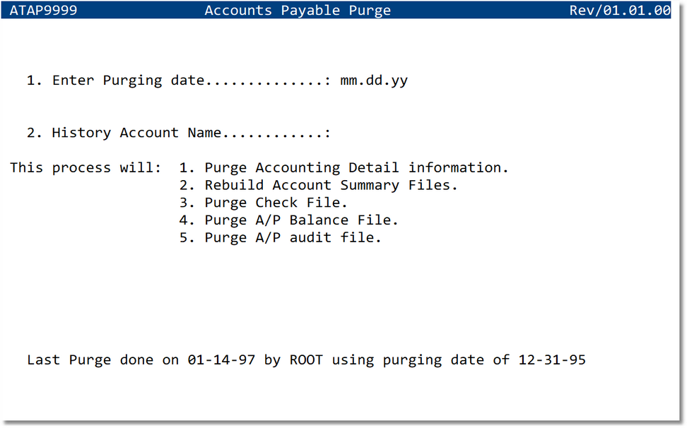 Accounts Payable Purge screen