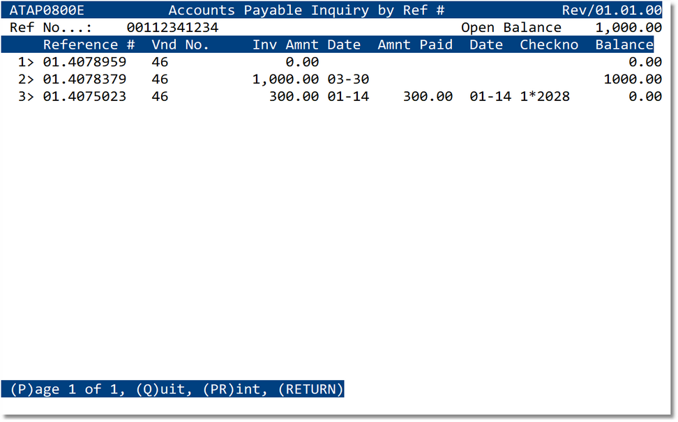 AP Inquiry by Ref # screen