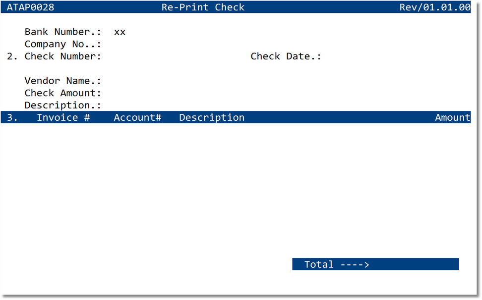 Re-Print Check screen