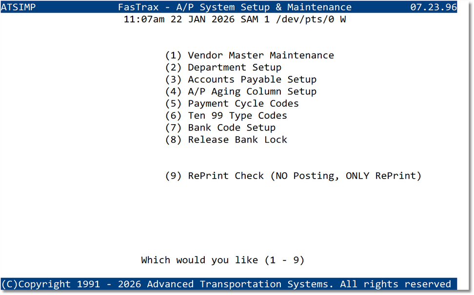 FasTrax - A/P System Setup & Maintenance Menu