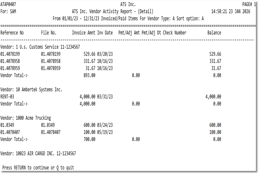 Vendor Activity Report Sample Output