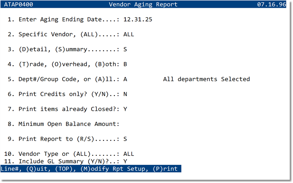 Vendor Aging Report — Criteria Screen
