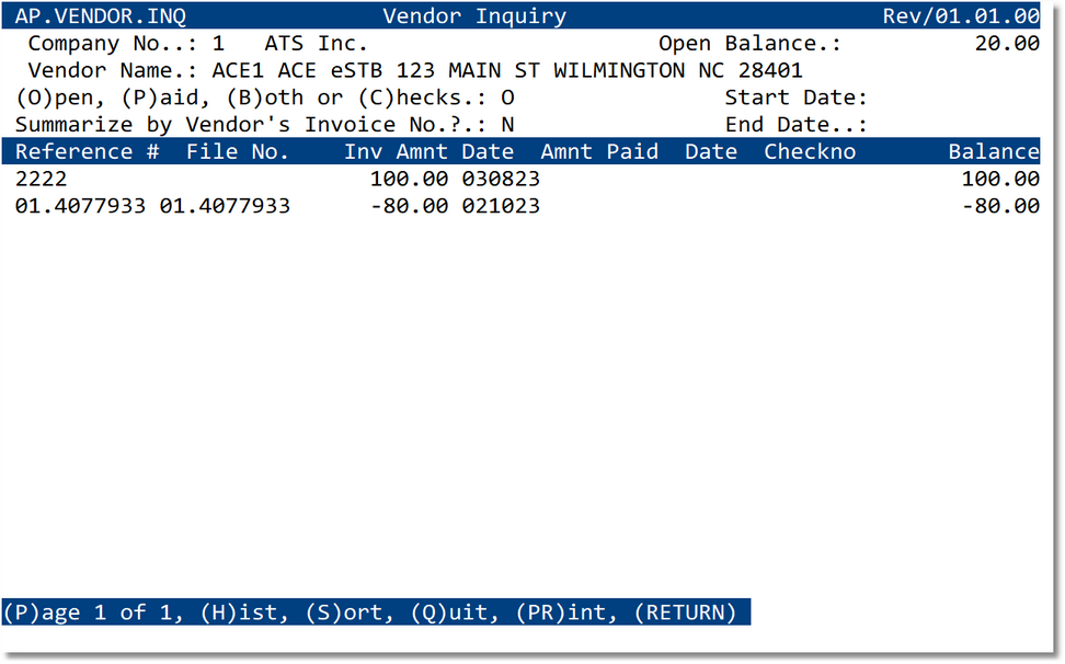 AP Vendor Inquiry screen
