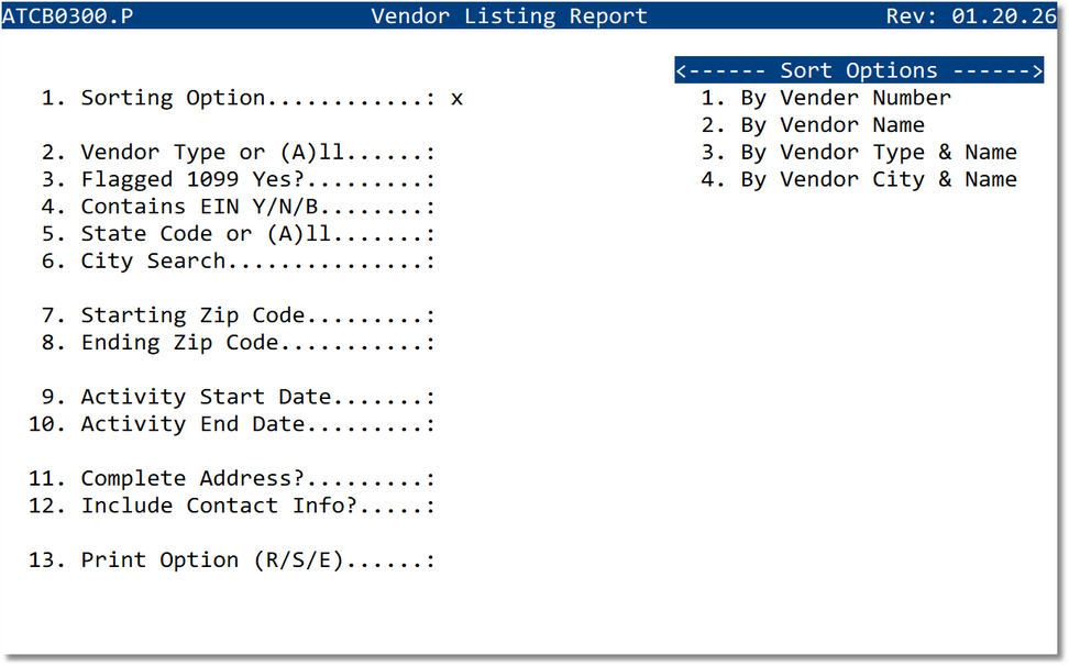 Vendor Listing Report Parameters