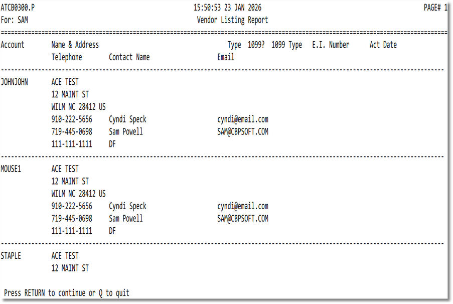 Vendor Listing Report Sample Output