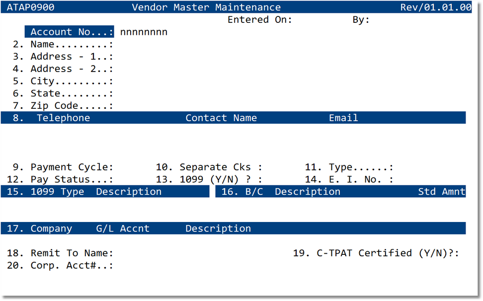 Vendor Master Maintenance screen