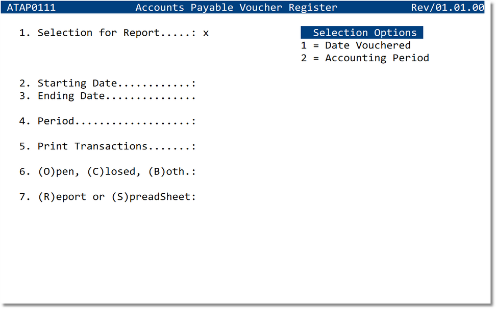 Voucher Register – Report criteria screen