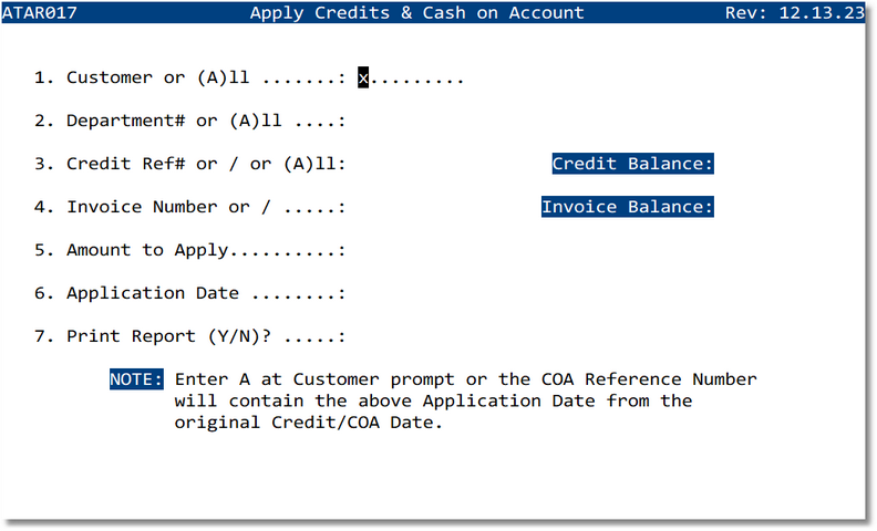Apply Credits & Cash on Account screen