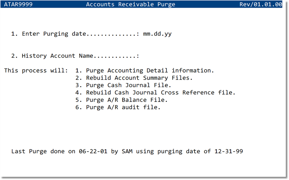 Accounts Receivable Purge screen
