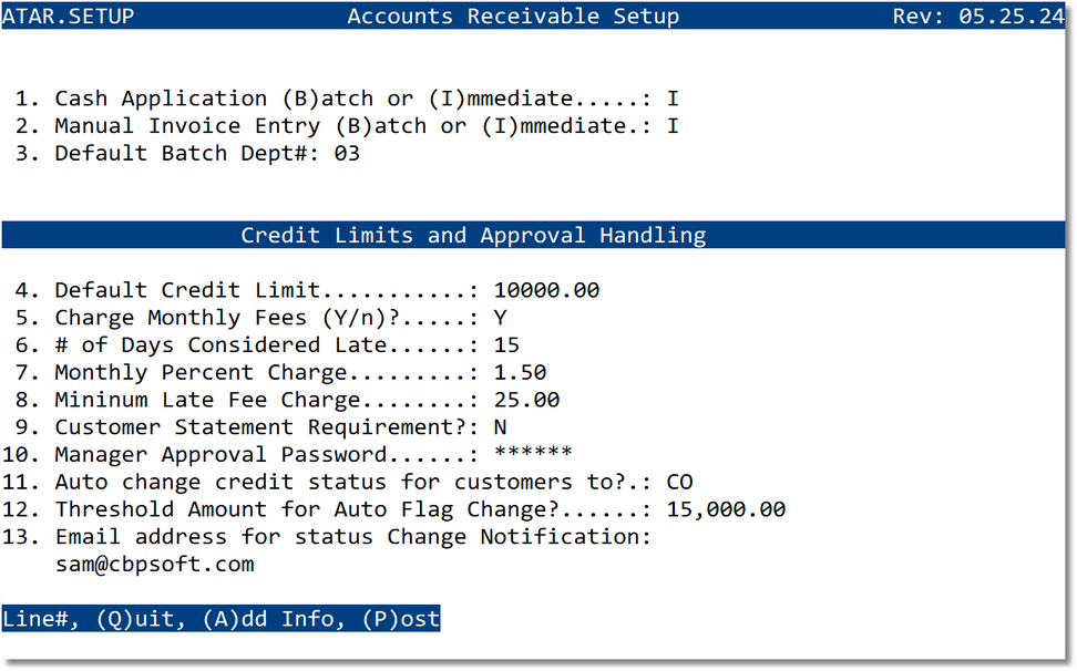 Accounts Receivable Setup - Main Screen