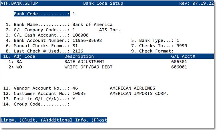 Bank Code Setup main screen