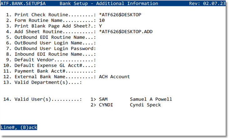 Bank Code Setup Additional screen