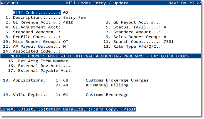 Bill Codes Entry / Update screen