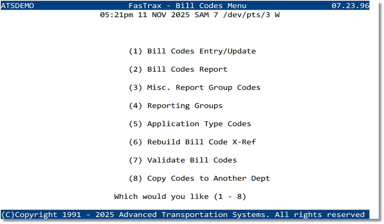 Bill Codes Menu