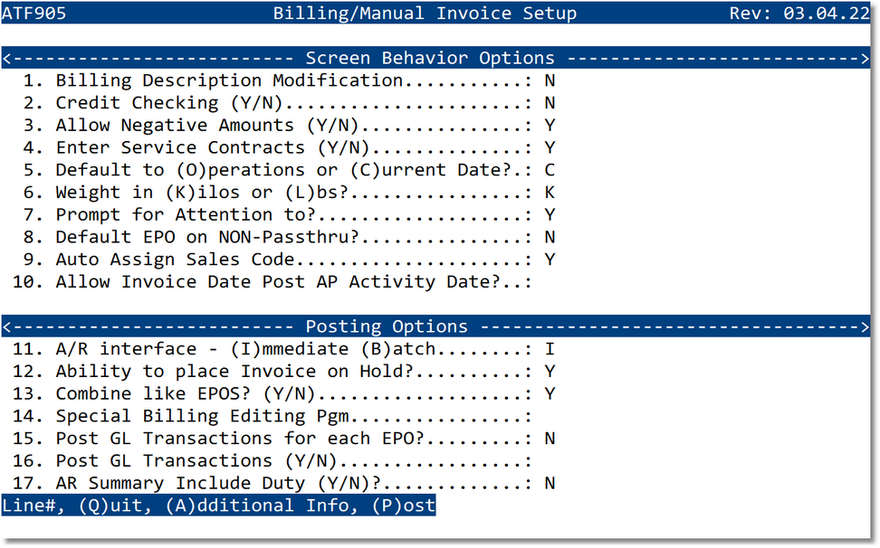 Billing Interface Setup Main screen