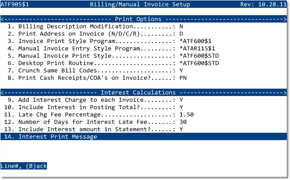 Billing Interface Setup additional screen (Print & Interest)