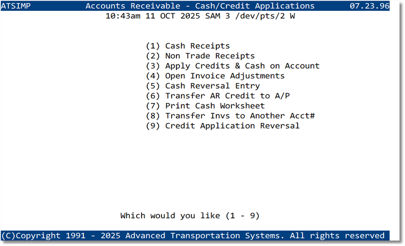 Cash / Credit Applications menu