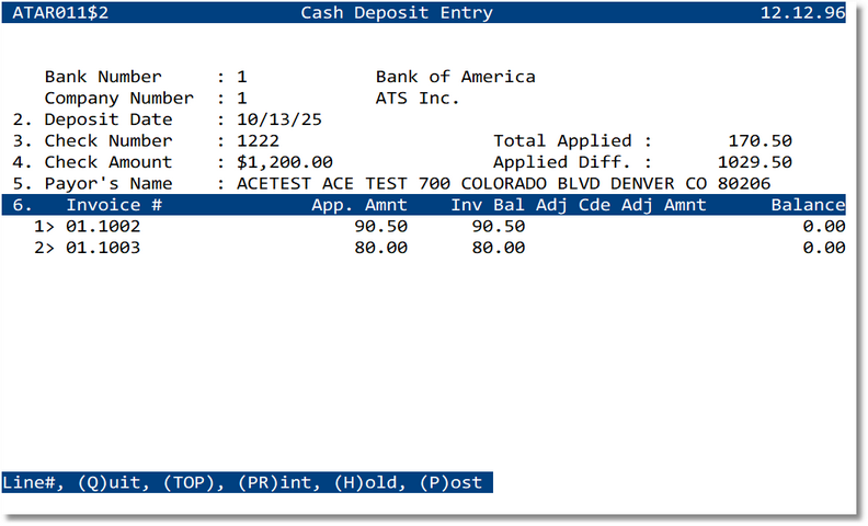 Cash Deposit Entry screen