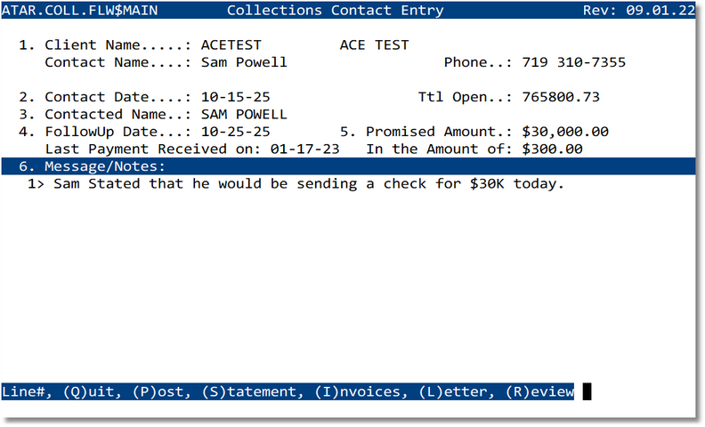 Collections Contact Entry screen