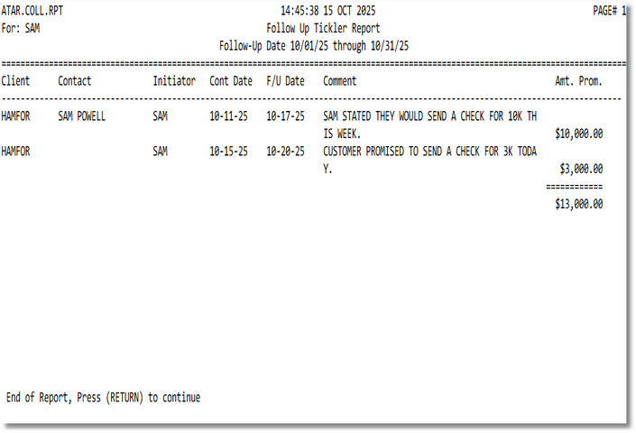 Sample Follow‑up Tickler report image