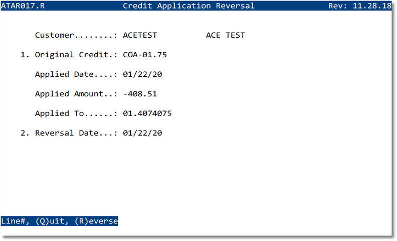 Credit Application Reversal screen