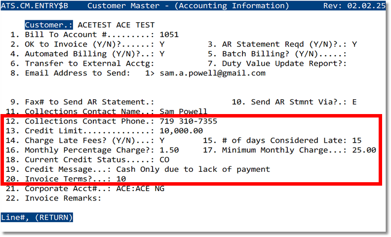 Customer Master Billing tab with credit status fields