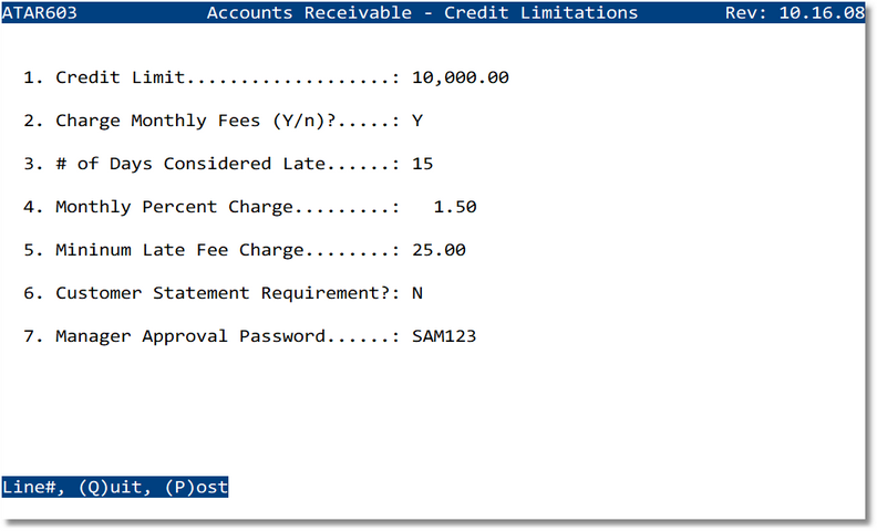 Standard Credit Values screen