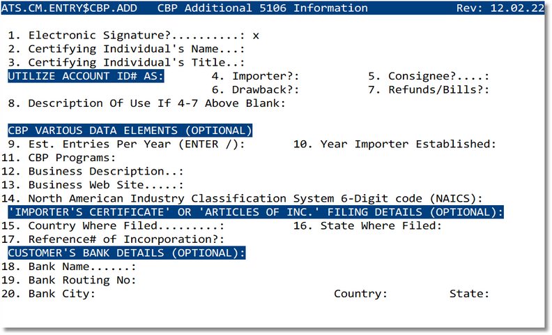 CBP Additional 5106 Information screen