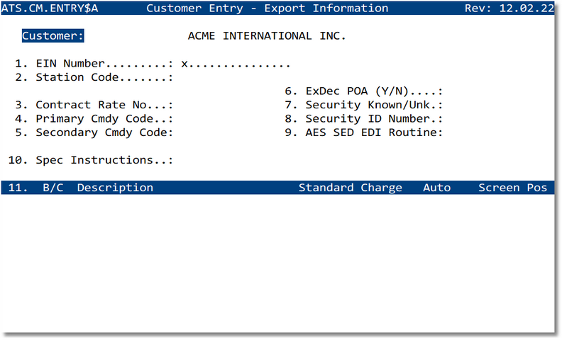 Customer Entry - Export information (air/general)