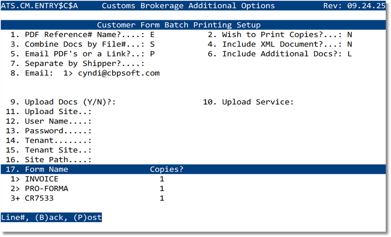 Customer form batch printing setup screen